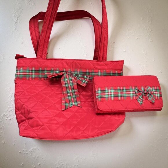 Red Quilted Christmas Tote & Wallet Set, Tartan Plaid Bow, Zip Top Shoulder Bag - Picture 5 of 8